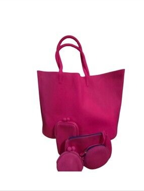 🎀 BEACH BAG 5pc Set Bright Pink Women’s Tote Bag With 4 Matching Pouch's.